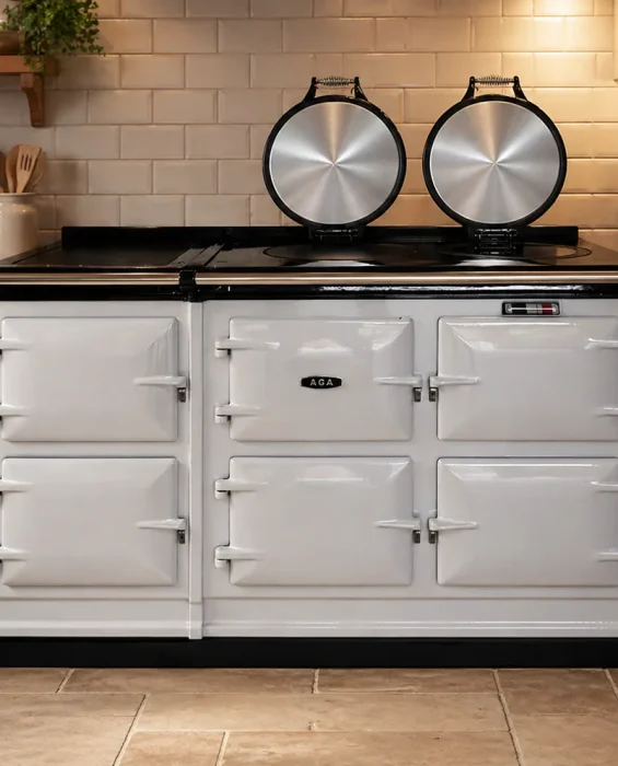 5 oven Aga cooker shown in a kitchen setting