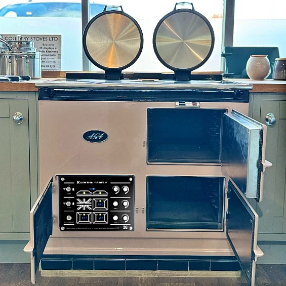 2 oven Aga eControl Series X-Squared with the lids raised in the John Wray showroom